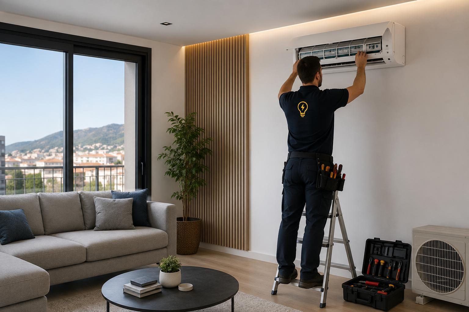 Técnico instalando un aire acondicionado split en una vivienda de Terrassa