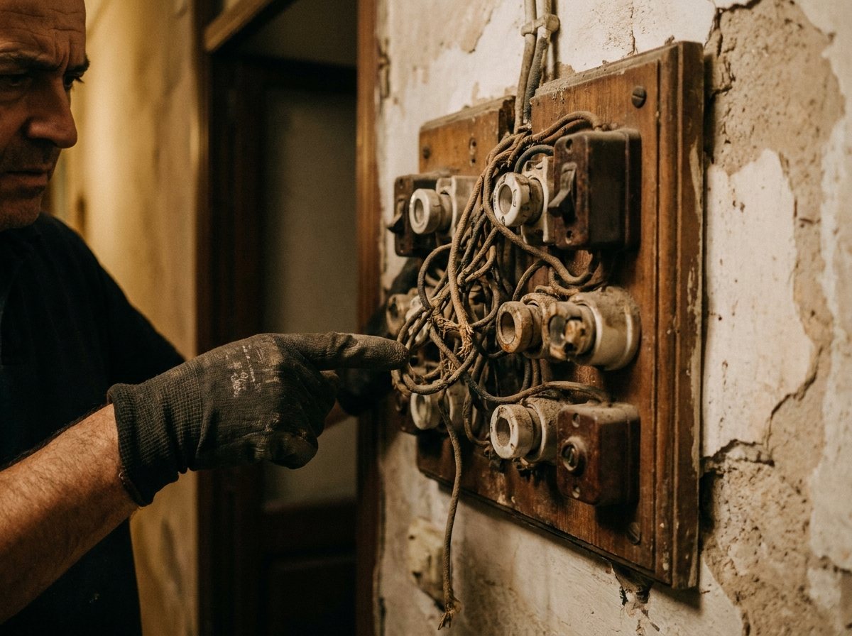 Cuadro eléctrico antiguo con fusibles de porcelana que necesita renovarse en una vivienda de Terrassa