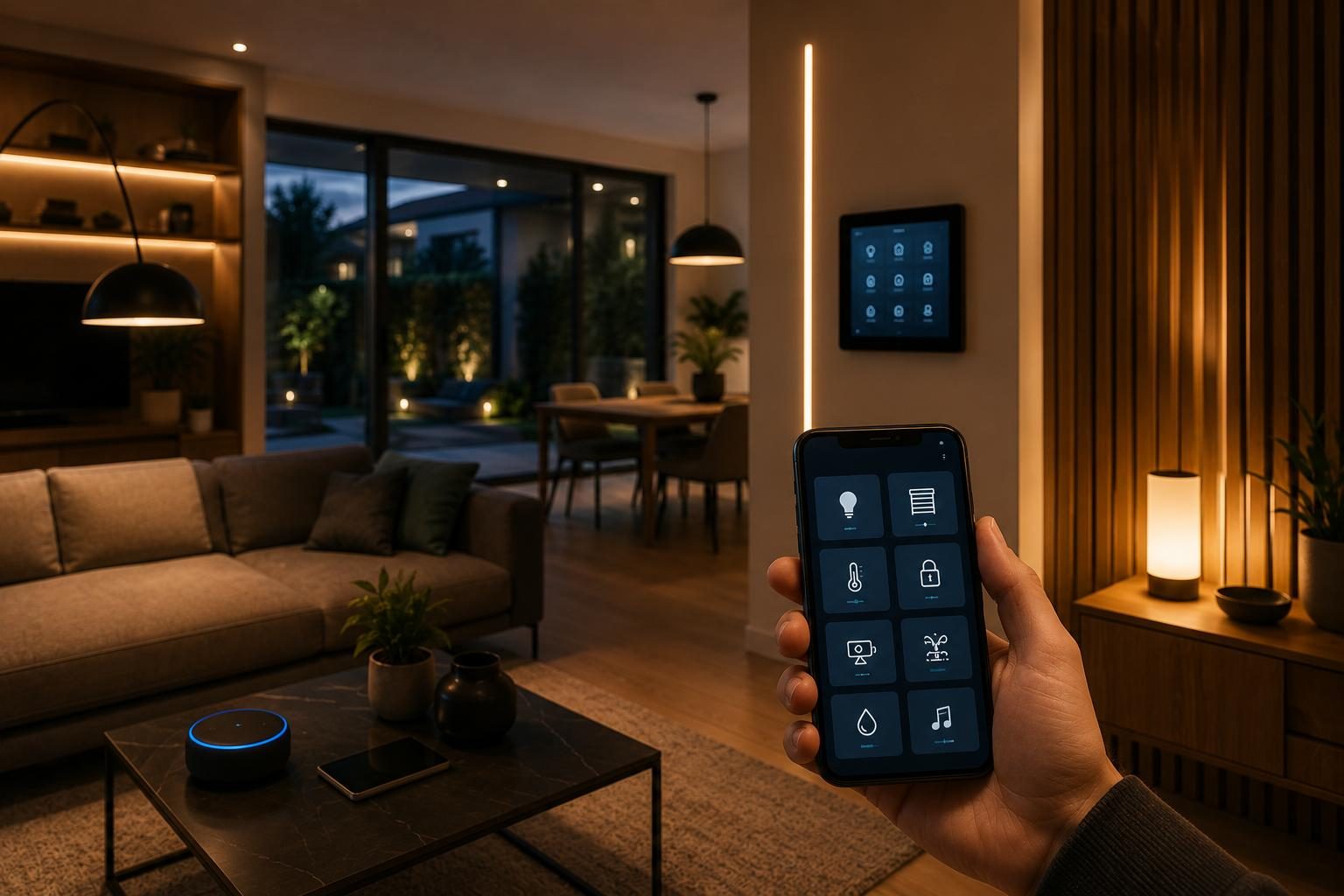 Salón de una vivienda de Terrassa con domótica y control del hogar conectado