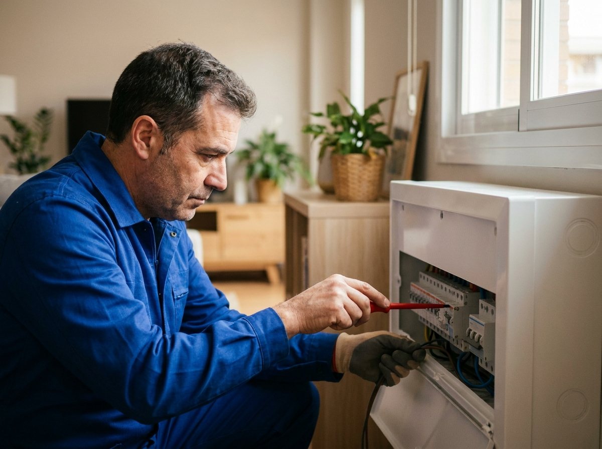 Electricista adaptando el cuadro y el ICP para el aumento de potencia en una vivienda de Terrassa