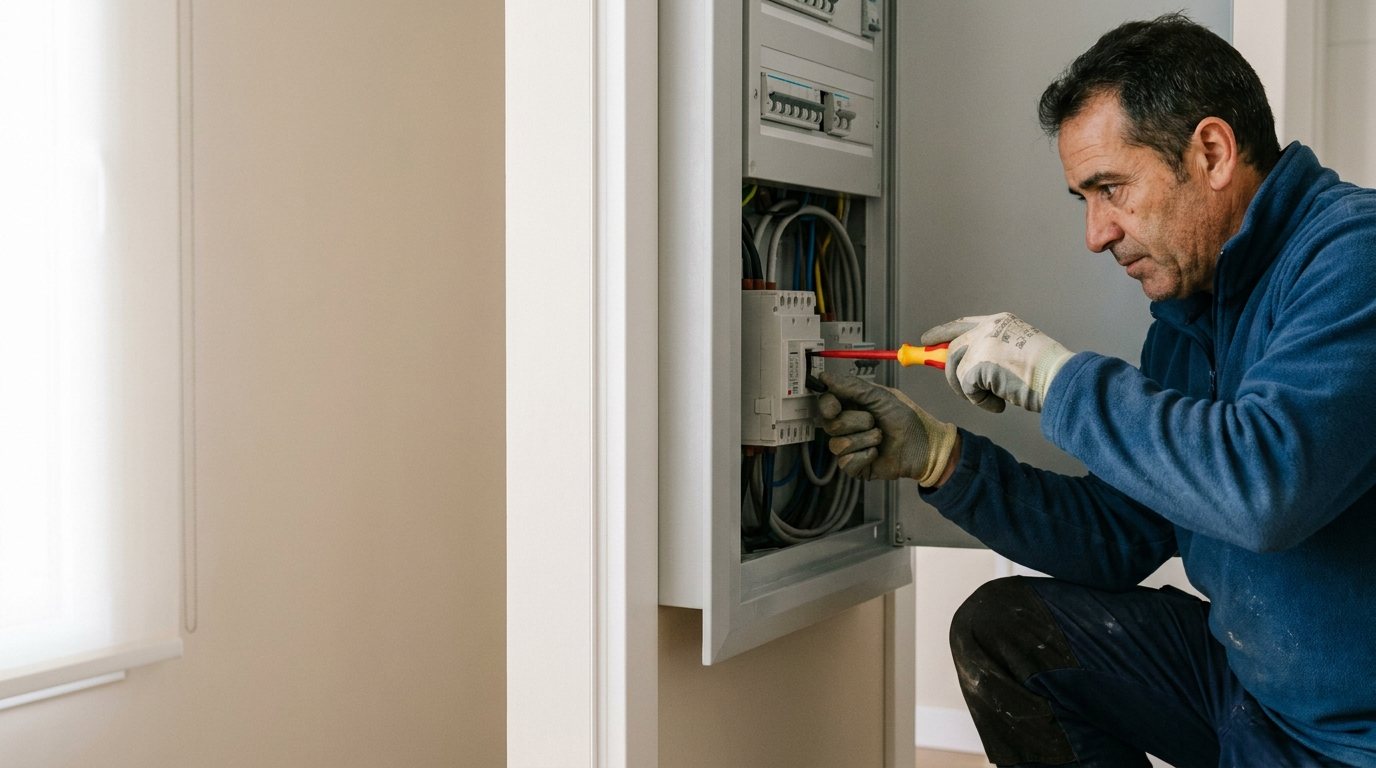Electricista adaptando el cuadro para aumentar la potencia eléctrica en una vivienda de Terrassa
