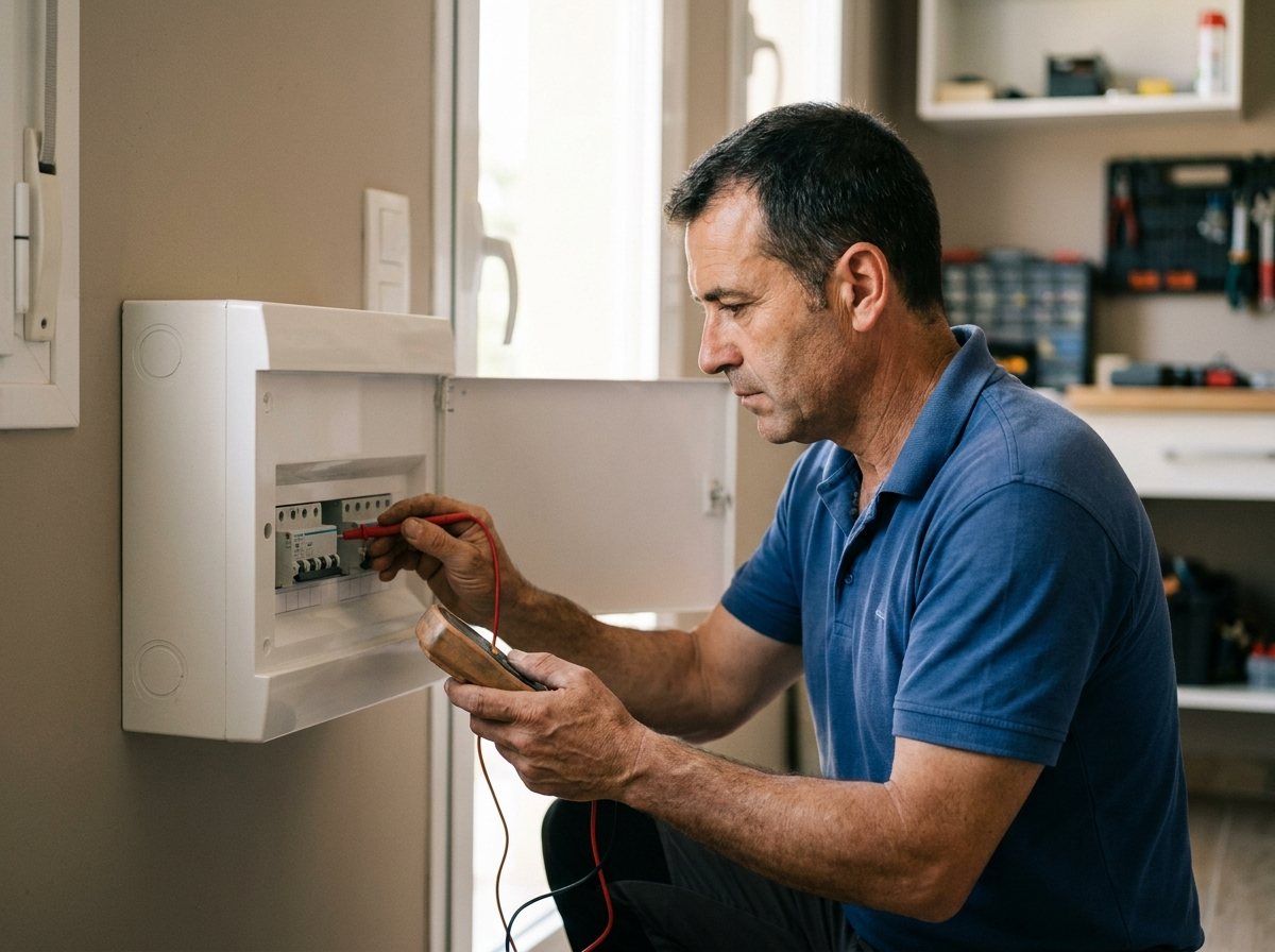 Electricista localizando una avería eléctrica con un multímetro en el cuadro de una vivienda de Terrassa
