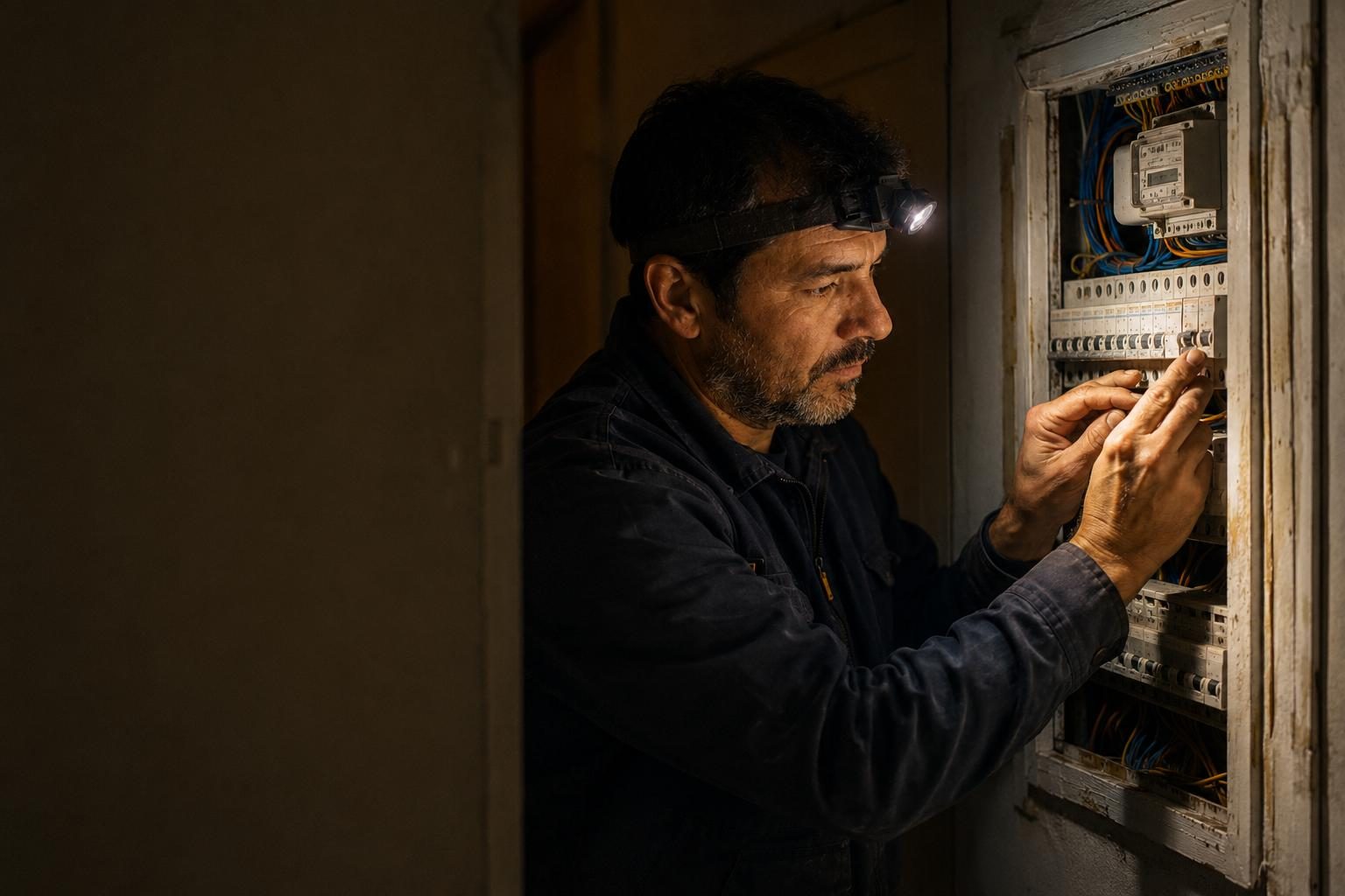 Electricista de urgencia reparando de noche una avería en un cuadro eléctrico en Terrassa
