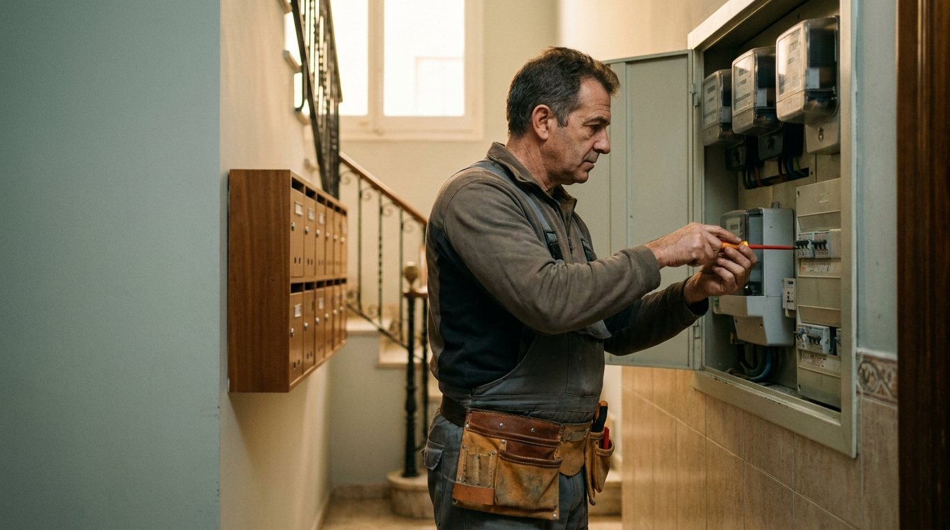 Electricista trabajando en los contadores y el cuadro general del portal de una comunidad de vecinos en Terrassa