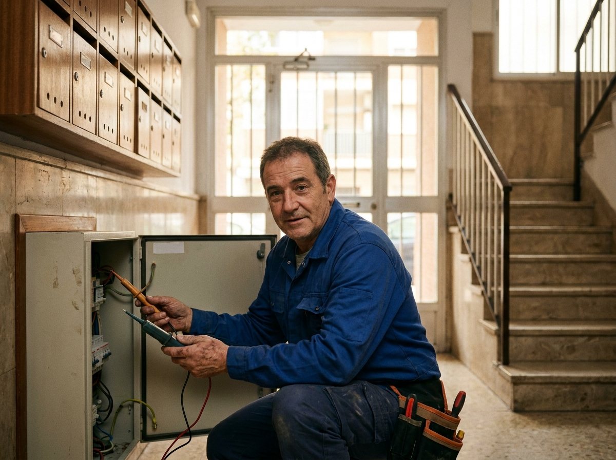 Electricista revisando el cuadro general de una finca en el portal de una comunidad de vecinos en Terrassa