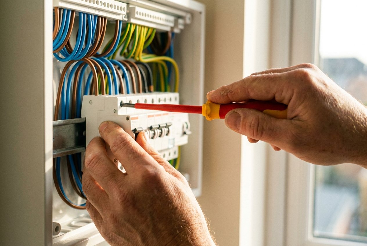 Detalle de las manos de un electricista trabajando en un cuadro eléctrico en Terrassa