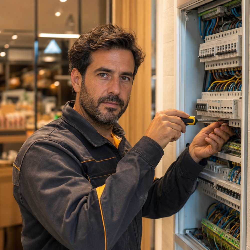 Electricista trabajando en el cuadro eléctrico de un local comercial en Terrassa