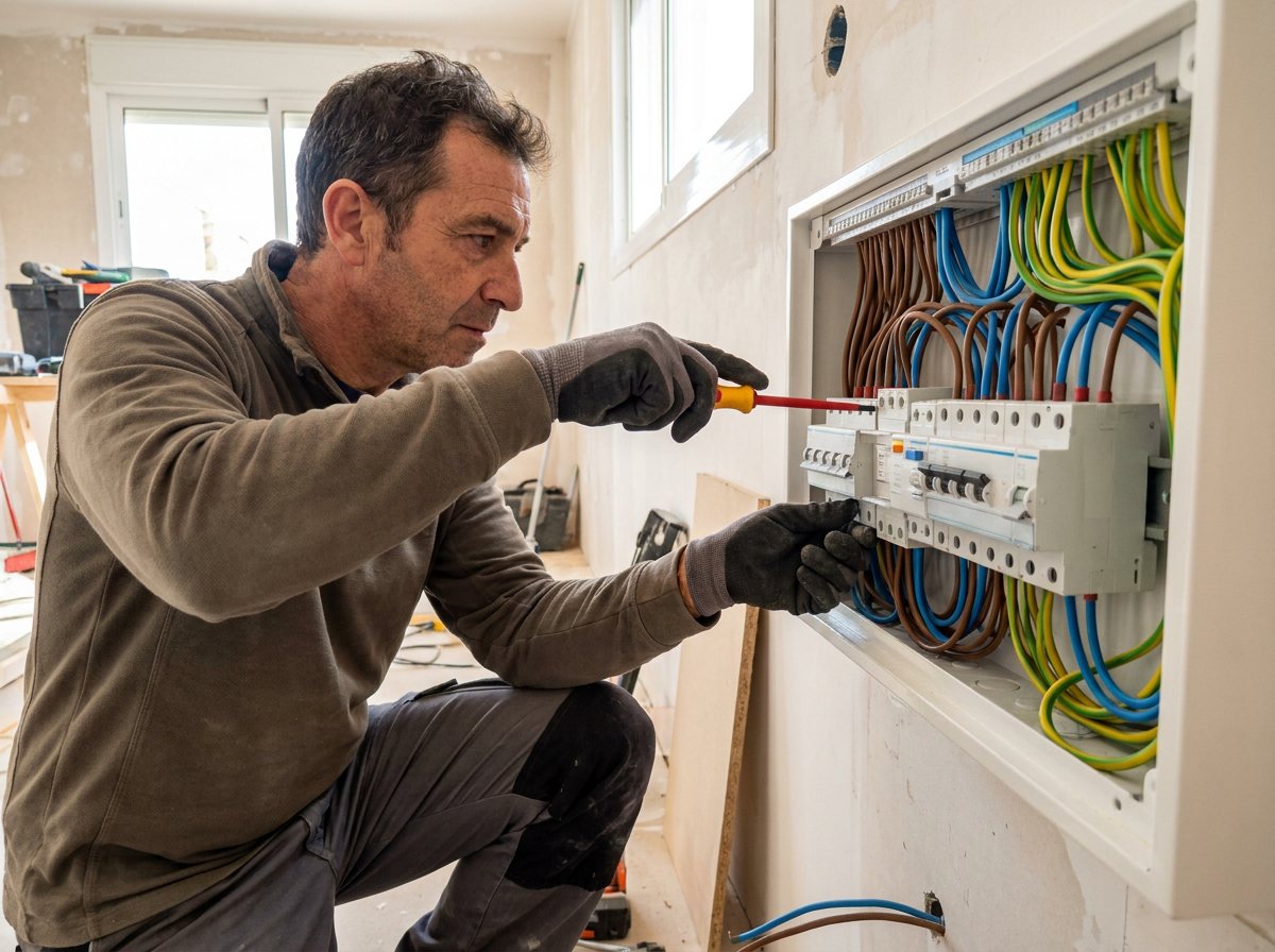 Electricista conectando el cableado nuevo del cuadro en una vivienda en reforma en Terrassa