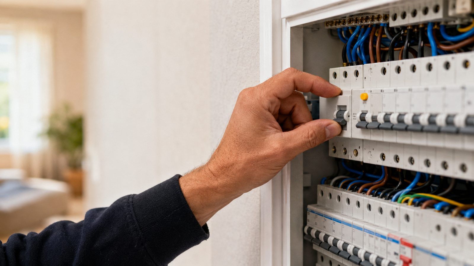 Electricista manipulando los magnetotérmicos de un cuadro eléctrico en Terrassa