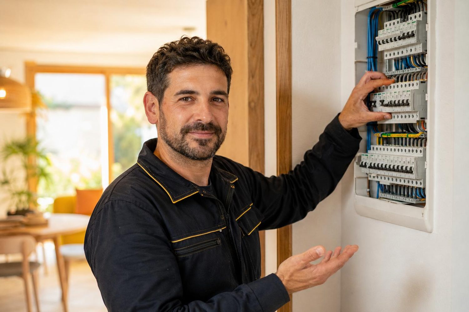 Electricista de Terrassa mostrando un cuadro eléctrico recién instalado a un cliente satisfecho