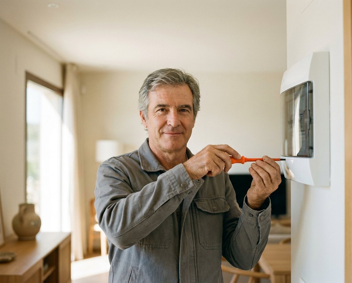 Electricista autorizado de confianza revisando el cuadro eléctrico de una vivienda en Terrassa